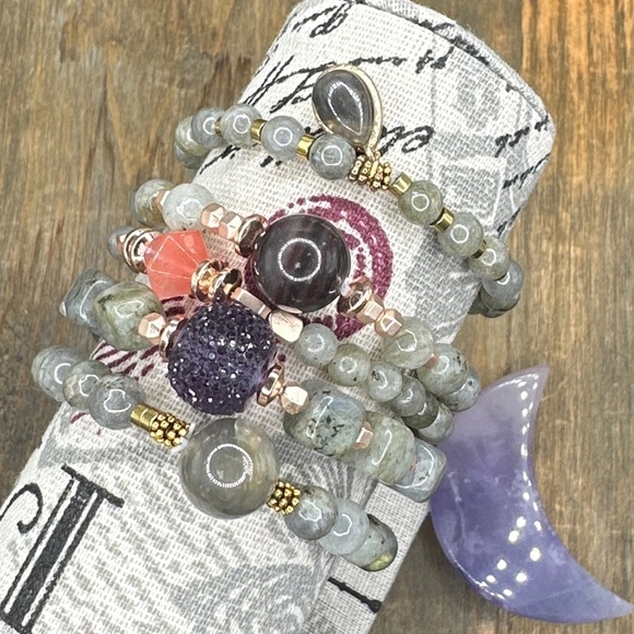 Labradorite beaded bracelet black agate chunky beads - Picture 2 of 8